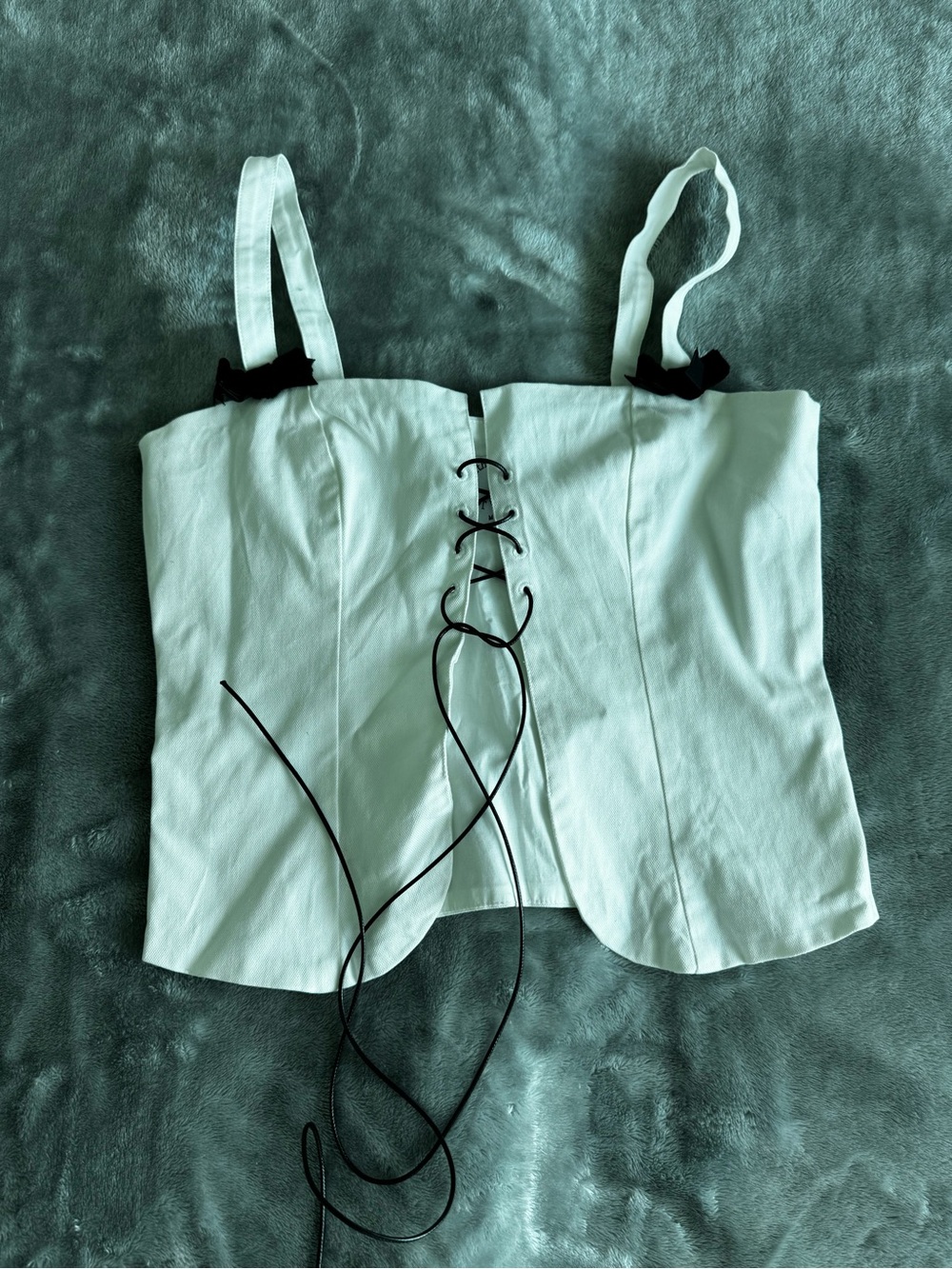With Jean White Lace-Up Corset Crop Top with Black Trim